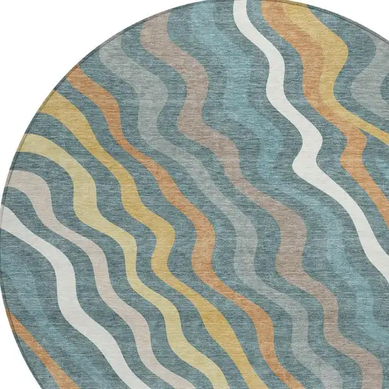 Teal Blue And Taupe Round Abstract Washable Indoor Outdoor Area Rug Photo 2