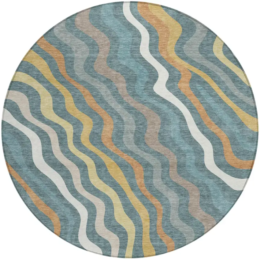 Teal Blue And Taupe Round Abstract Washable Indoor Outdoor Area Rug Photo 1