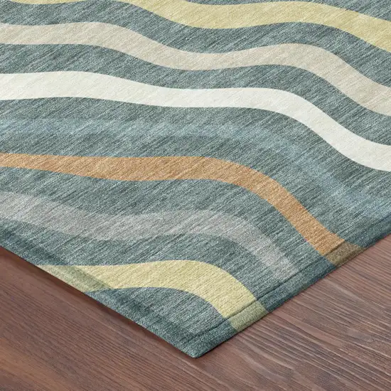 Teal Blue And Taupe Round Abstract Washable Indoor Outdoor Area Rug Photo 4