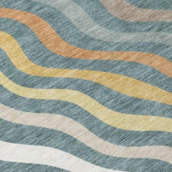 Teal Blue And Taupe Round Abstract Washable Indoor Outdoor Area Rug Photo 5