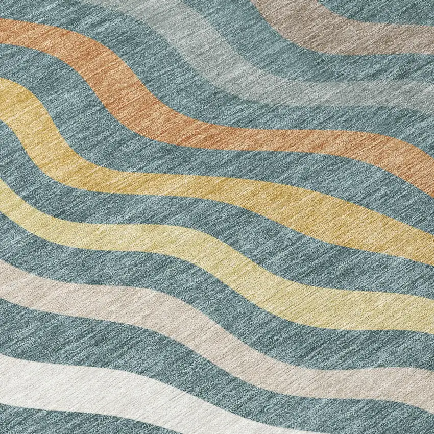 Teal Blue And Taupe Round Abstract Washable Indoor Outdoor Area Rug Photo 5