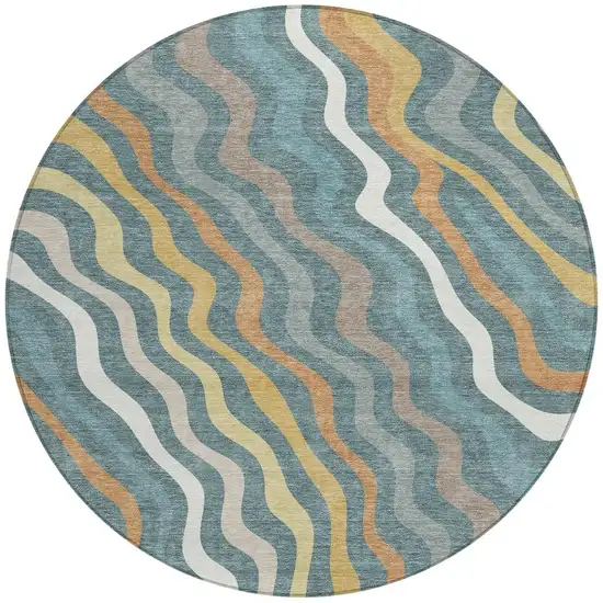 Teal Blue And Taupe Round Abstract Washable Indoor Outdoor Area Rug Photo 3