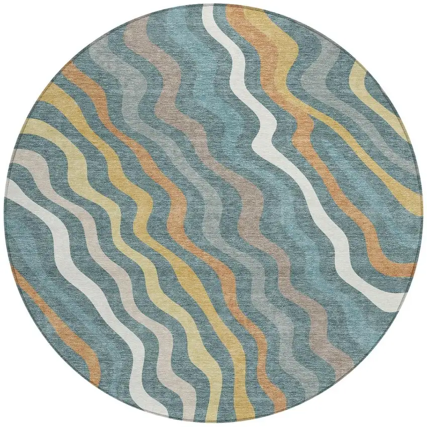 Teal Blue And Taupe Round Abstract Washable Indoor Outdoor Area Rug Photo 3