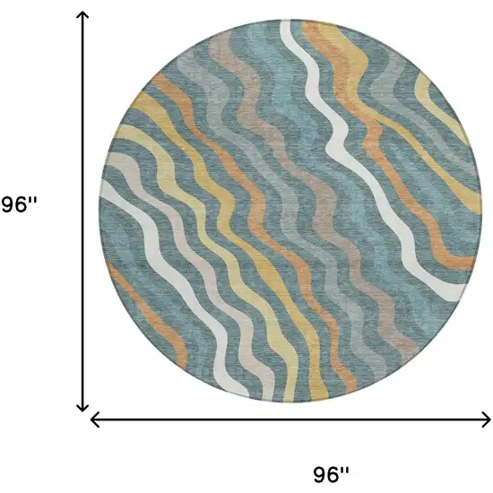 Teal Blue And Taupe Round Abstract Washable Indoor Outdoor Area Rug Photo 6