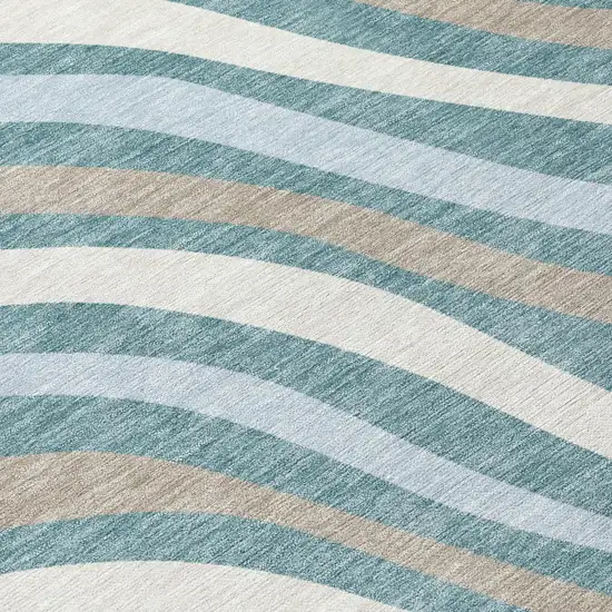 Teal Blue And Taupe Striped Washable Indoor Outdoor Area Rug Photo 6