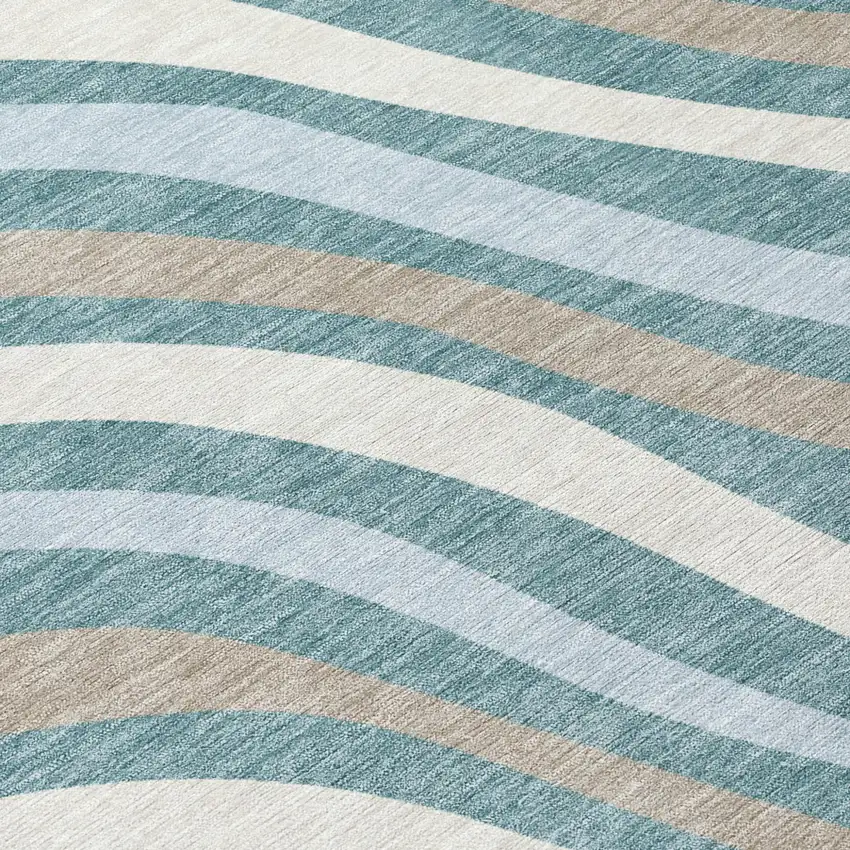 Teal Blue And Taupe Striped Washable Indoor Outdoor Area Rug Photo 6