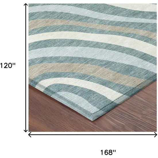 Teal Blue And Taupe Striped Washable Indoor Outdoor Area Rug Photo 7