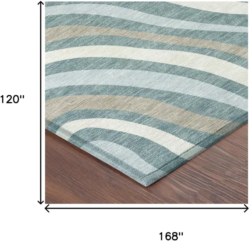 Teal Blue And Taupe Striped Washable Indoor Outdoor Area Rug Photo 7