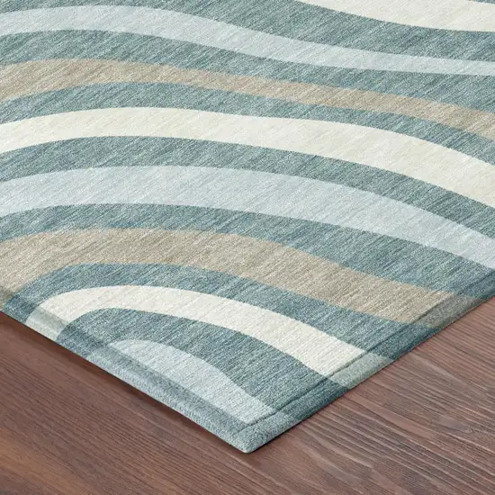Teal Blue And Taupe Striped Washable Indoor Outdoor Area Rug Photo 2