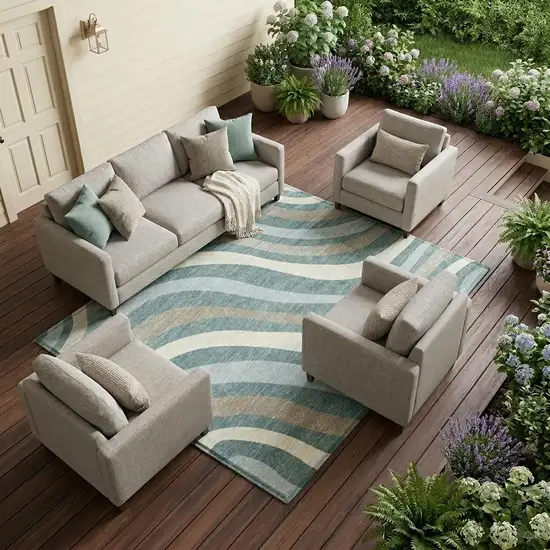 Teal Blue And Taupe Striped Washable Indoor Outdoor Area Rug Photo 1