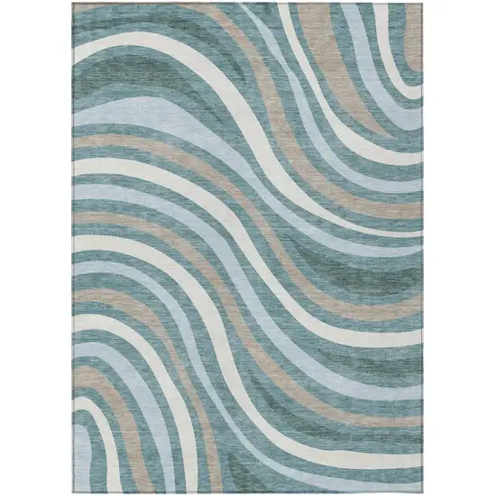 Teal Blue And Taupe Striped Washable Indoor Outdoor Area Rug Photo 5