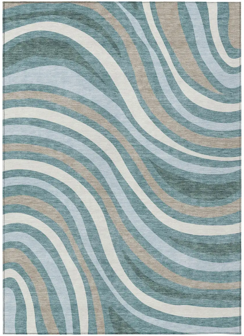 Teal Blue And Taupe Striped Washable Indoor Outdoor Area Rug Photo 5