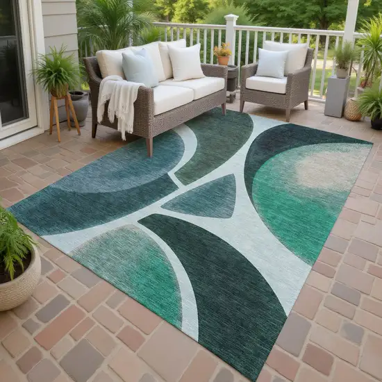 Teal Blue And Turquoise Abstract Washable Indoor Outdoor Area Rug Photo 3