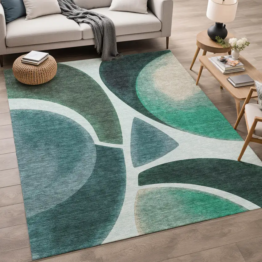 Teal Blue And Turquoise Abstract Washable Indoor Outdoor Area Rug Photo 4