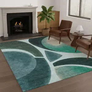 Photo of Teal Blue And Turquoise Abstract Washable Indoor Outdoor Area Rug