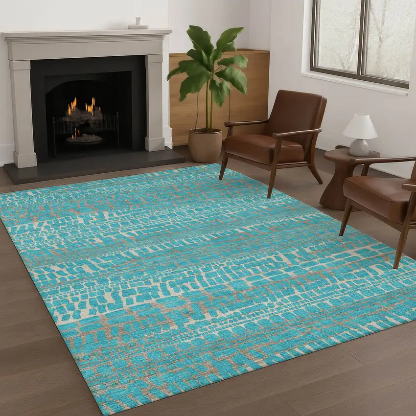 Teal Blue And Turquoise Abstract Washable Indoor Outdoor Area Rug Photo 6