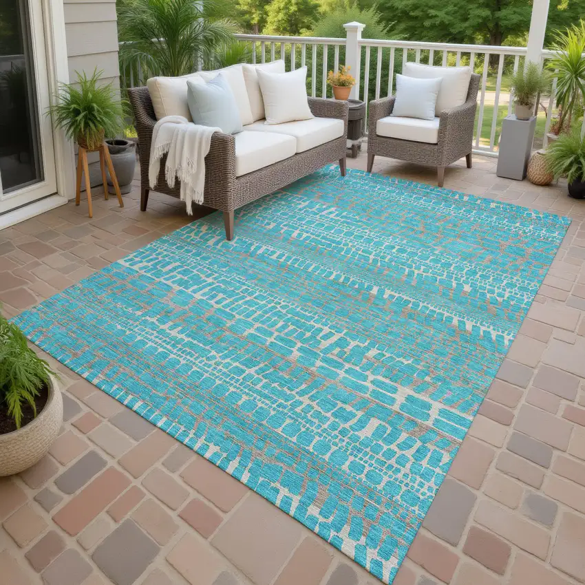 Teal Blue And Turquoise Abstract Washable Indoor Outdoor Area Rug Photo 4