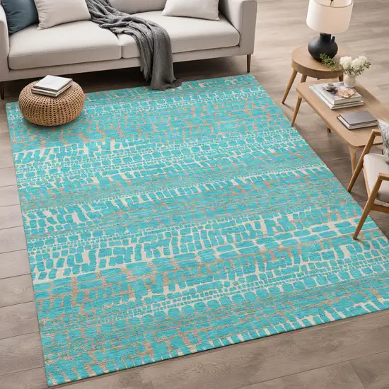 Teal Blue And Turquoise Abstract Washable Indoor Outdoor Area Rug Photo 5