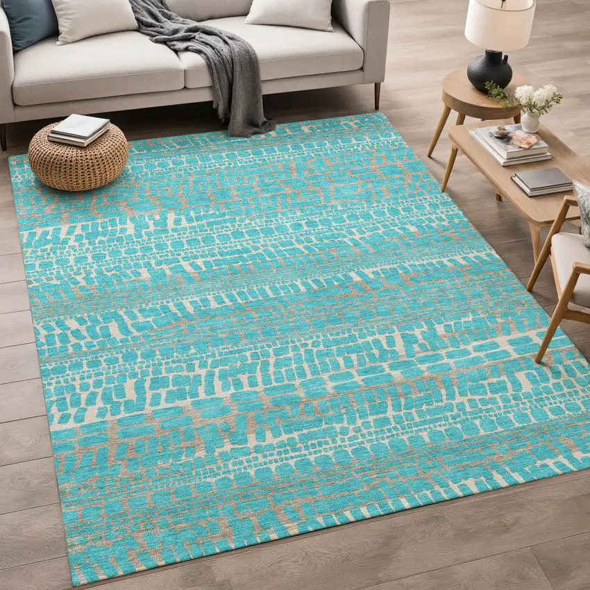 Teal Blue And Turquoise Abstract Washable Indoor Outdoor Area Rug Photo 5