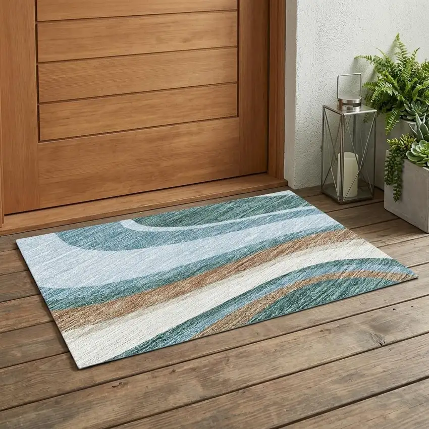 Teal Blue And Turquoise Abstract Washable Indoor Outdoor Area Rug Photo 1