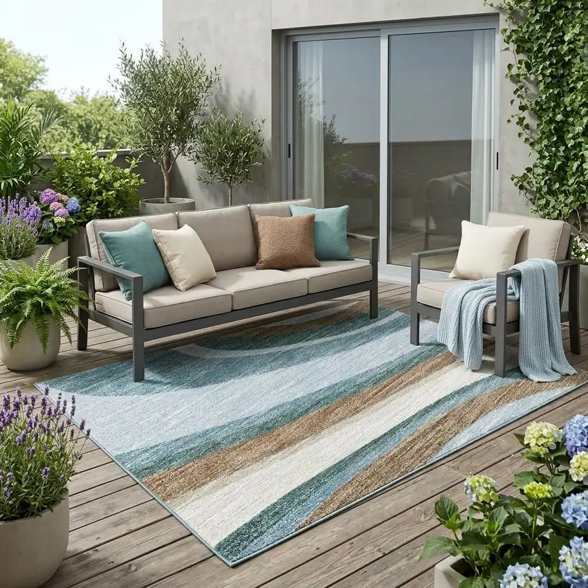 Teal Blue And Turquoise Abstract Washable Indoor Outdoor Area Rug Photo 1