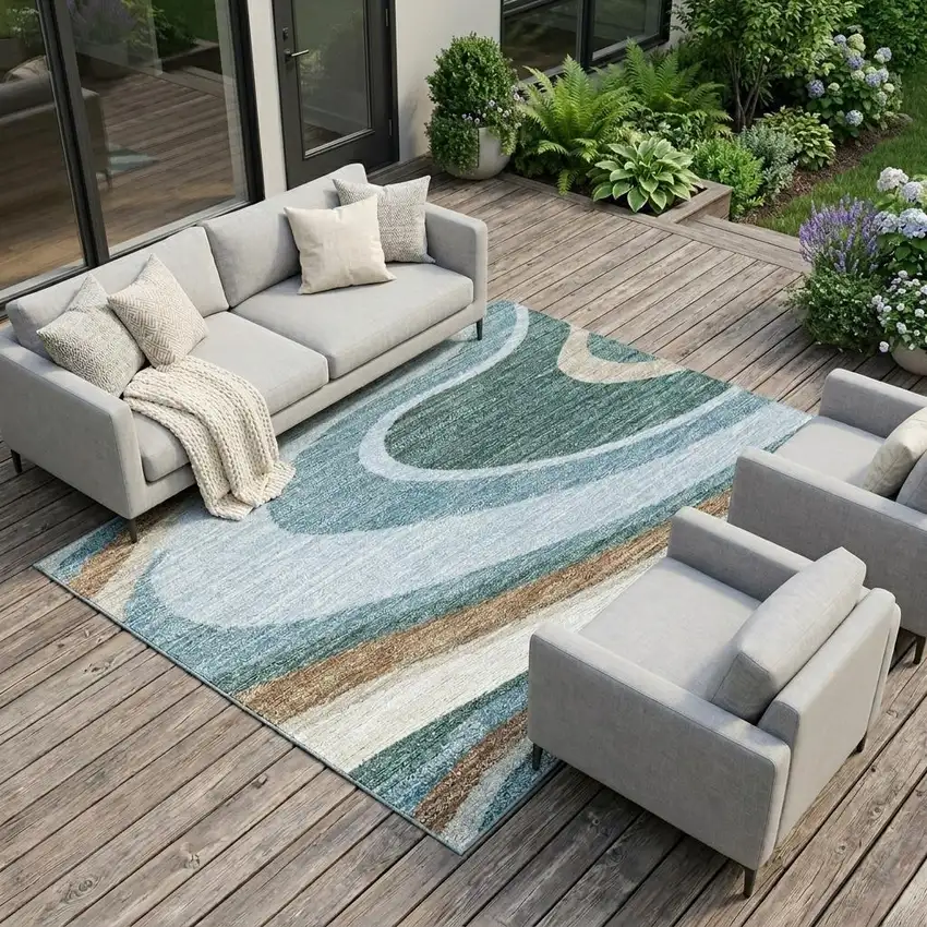 Teal Blue And Turquoise Abstract Washable Indoor Outdoor Area Rug Photo 1