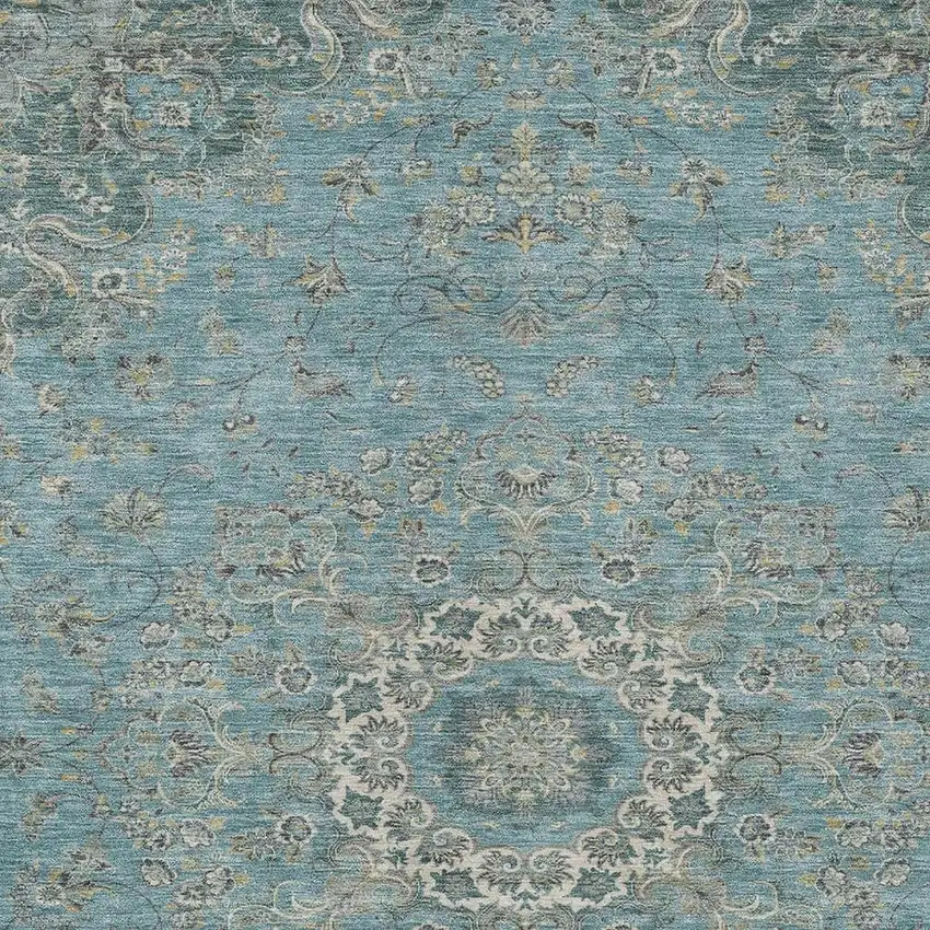Teal Blue And Turquoise Floral Medallion Washable Indoor Outdoor Area Rug Photo 2