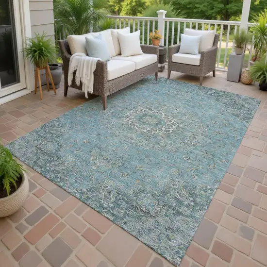 Teal Blue And Turquoise Floral Medallion Washable Indoor Outdoor Area Rug Photo 4