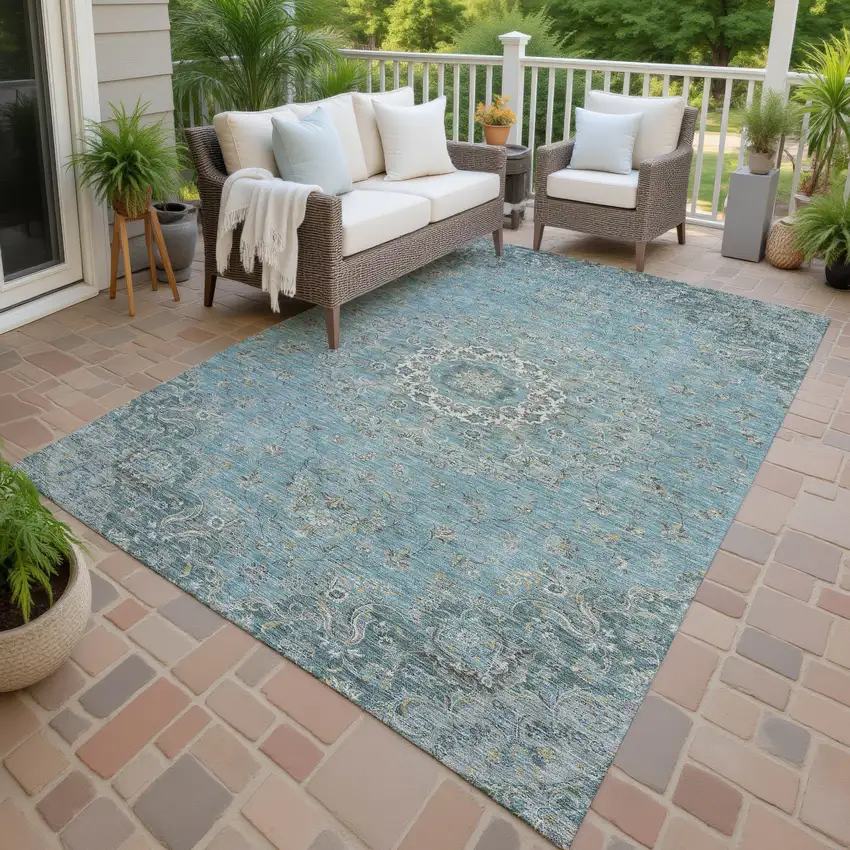Teal Blue And Turquoise Floral Medallion Washable Indoor Outdoor Area Rug Photo 4