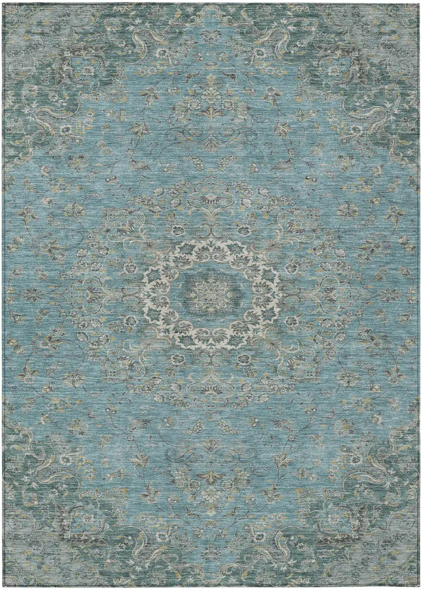 Teal Blue And Turquoise Floral Medallion Washable Indoor Outdoor Area Rug Photo 1