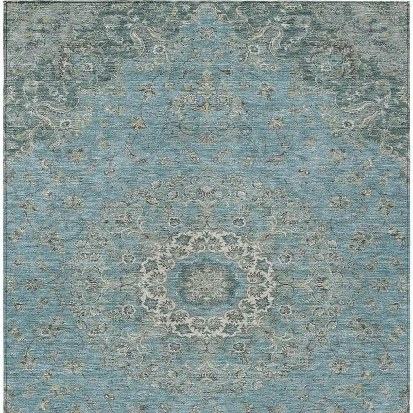 Teal Blue And Turquoise Floral Medallion Washable Indoor Outdoor Area Rug Photo 3