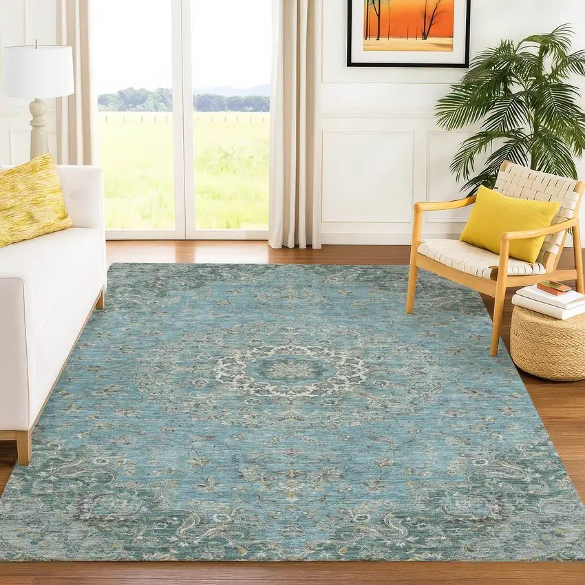 Teal Blue And Turquoise Floral Medallion Washable Indoor Outdoor Area Rug Photo 6