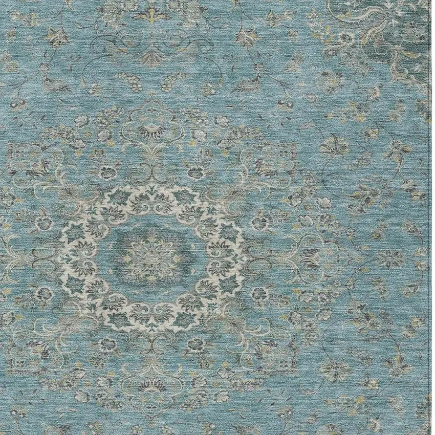 Teal Blue And Turquoise Floral Medallion Washable Indoor Outdoor Area Rug Photo 2
