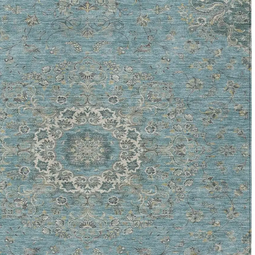 Teal Blue And Turquoise Floral Medallion Washable Indoor Outdoor Area Rug Photo 2