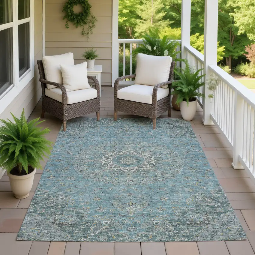 Teal Blue And Turquoise Floral Medallion Washable Indoor Outdoor Area Rug Photo 7