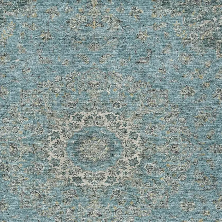 Teal Blue And Turquoise Floral Medallion Washable Indoor Outdoor Area Rug Photo 2