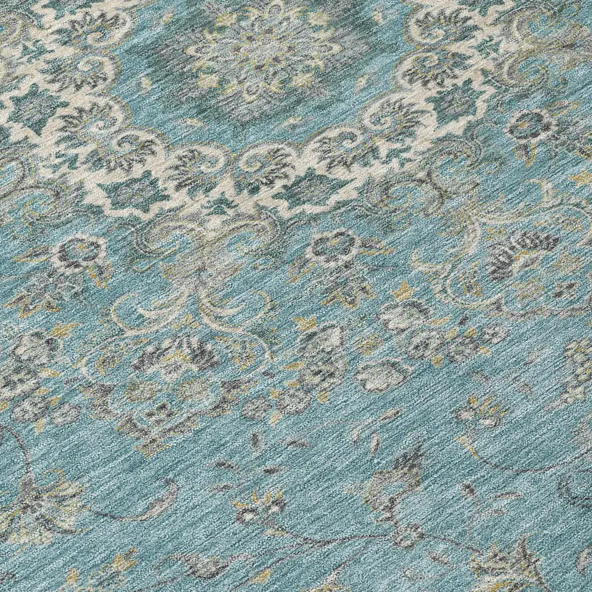 Teal Blue And Turquoise Floral Medallion Washable Indoor Outdoor Area Rug Photo 9