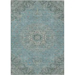 Photo of Teal Blue And Turquoise Floral Medallion Washable Indoor Outdoor Area Rug