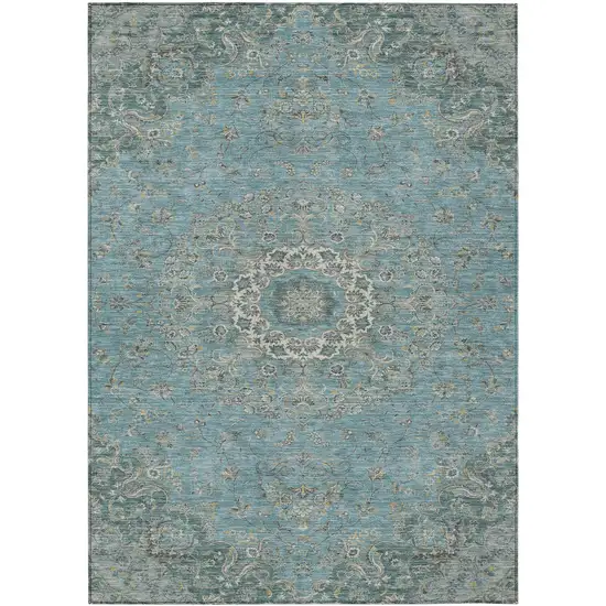 Teal Blue And Turquoise Floral Medallion Washable Indoor Outdoor Area Rug Photo 1