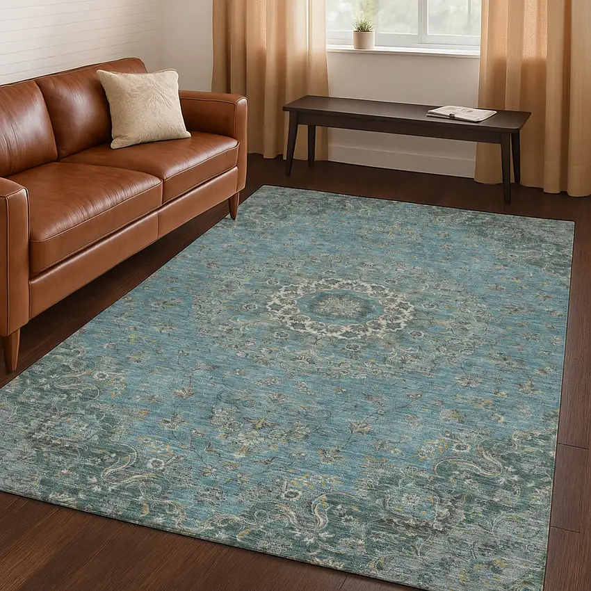 Teal Blue And Turquoise Floral Medallion Washable Indoor Outdoor Area Rug Photo 5