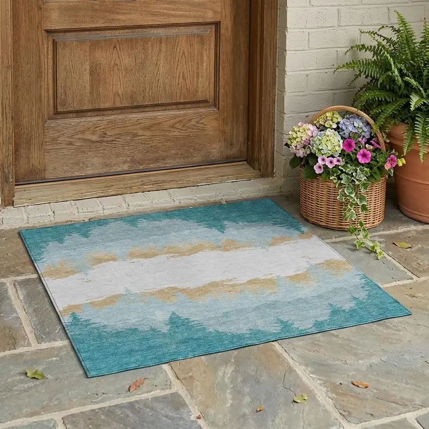 Teal Blue And Turquoise Floral Washable Indoor Outdoor Area Rug Photo 1