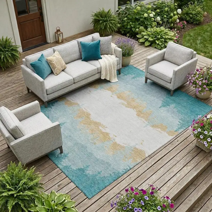 Teal Blue And Turquoise Floral Washable Indoor Outdoor Area Rug Photo 1
