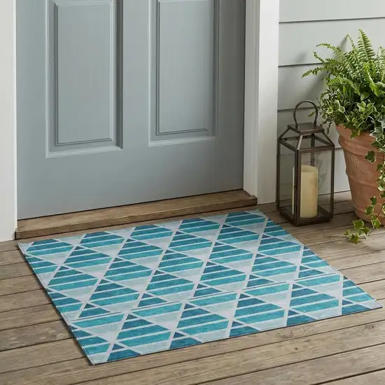Teal Blue And Turquoise Geometric Washable Indoor Outdoor Area Rug Photo 1