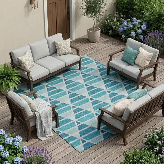 Teal Blue And Turquoise Geometric Washable Indoor Outdoor Area Rug Photo 1