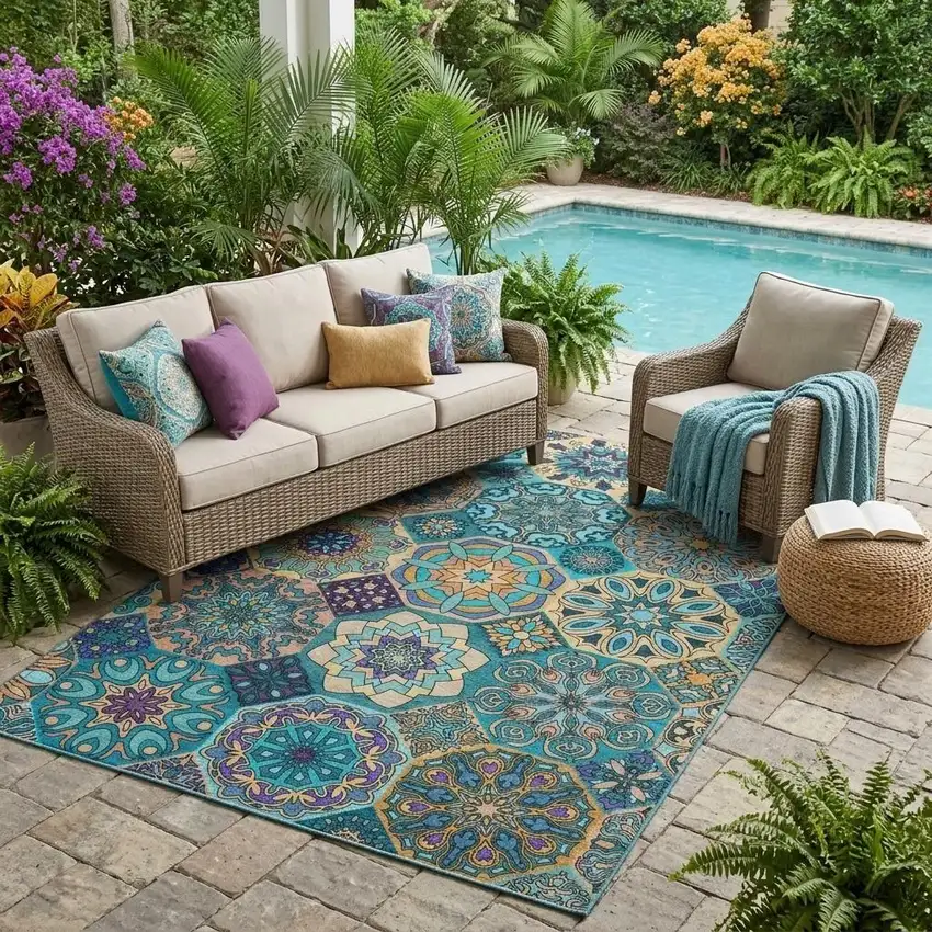 Teal Blue And Turquoise Patchwork Washable Indoor Outdoor Area Rug Photo 1