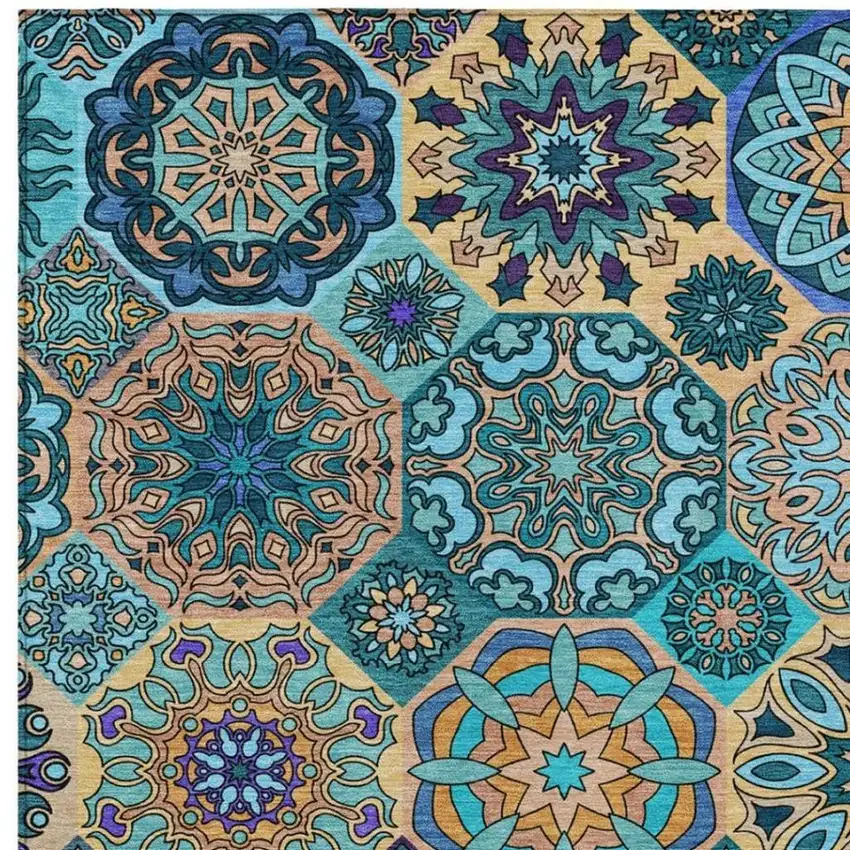 Teal Blue And Turquoise Patchwork Washable Indoor Outdoor Area Rug Photo 3
