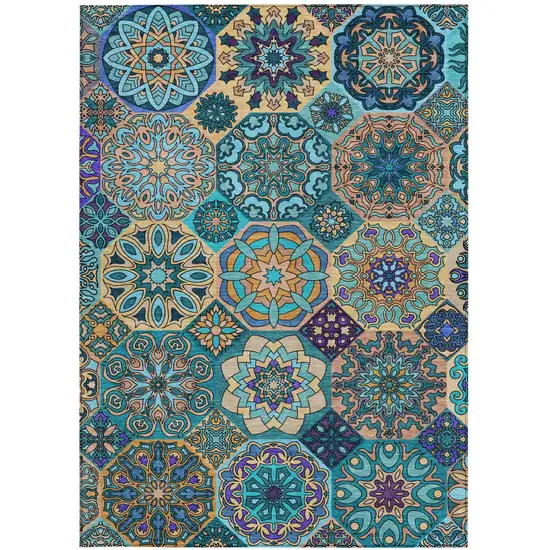 Teal Blue And Turquoise Patchwork Washable Indoor Outdoor Area Rug Photo 4