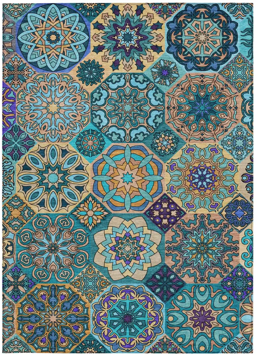 Teal Blue And Turquoise Patchwork Washable Indoor Outdoor Area Rug Photo 4