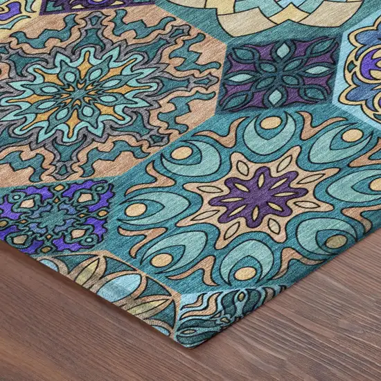 Teal Blue And Turquoise Patchwork Washable Indoor Outdoor Area Rug Photo 5