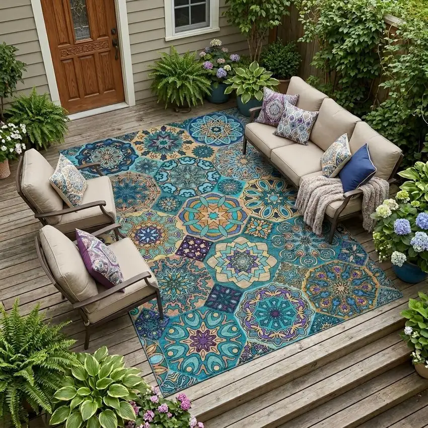 Teal Blue And Turquoise Patchwork Washable Indoor Outdoor Area Rug Photo 1